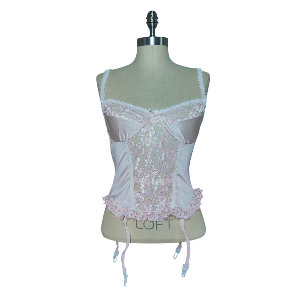 Vintage Avon Pink‎ Satin Lace Bustier Garter Corset Lingerie Coquette USA M-34